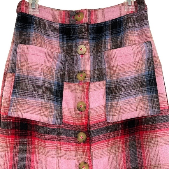 - NWT Anthropologie Maeve Red Pink Blue Plaid Fringed Skirt - Picture 7 of 13